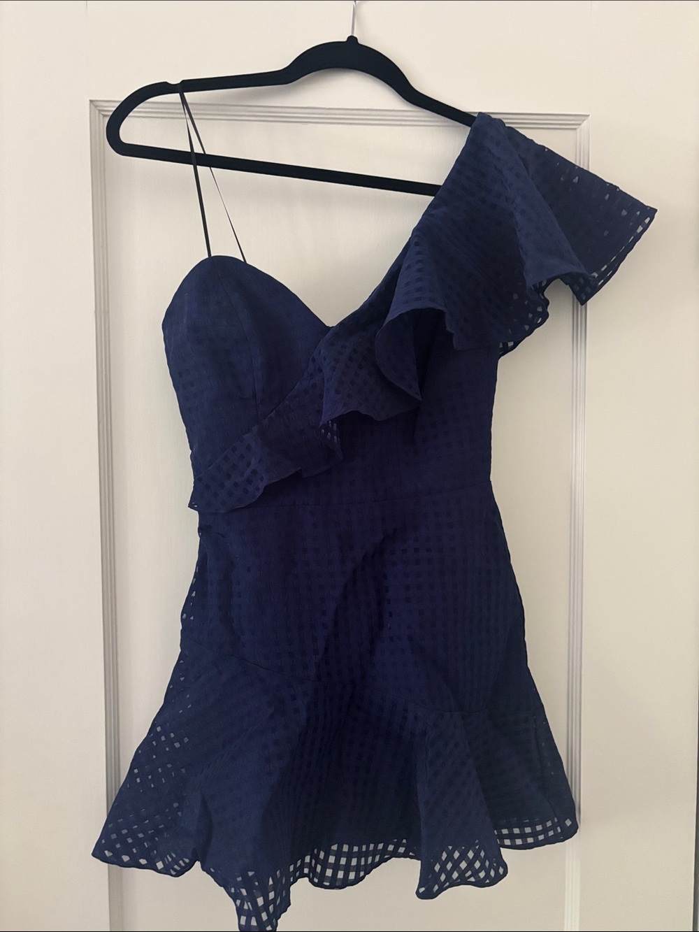 Amanda Uprichard Navy One-Shoulder Ruffle Dress